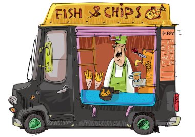 Yemek kamyonu balık ve cips satıyor. Karikatür, el çizimi karikatür. Geleneksel sokak yemekhanesi.