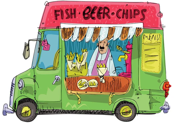 Truk Makanan Menjual Ikan Dan Keripik Karikatur Gambar Tangan Kartun - Stok Vektor
