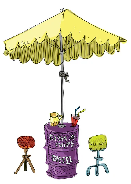 Regenschirm Für Straßencafés Der Auf Einem Alten Metallfass Basiert Das Stockvektor