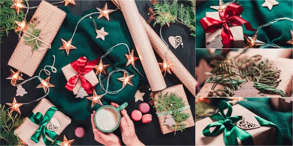 Hediyeler, çelenkler ve süslemelerle Noel kompozisyonu kolajı — Stok fotoğraf