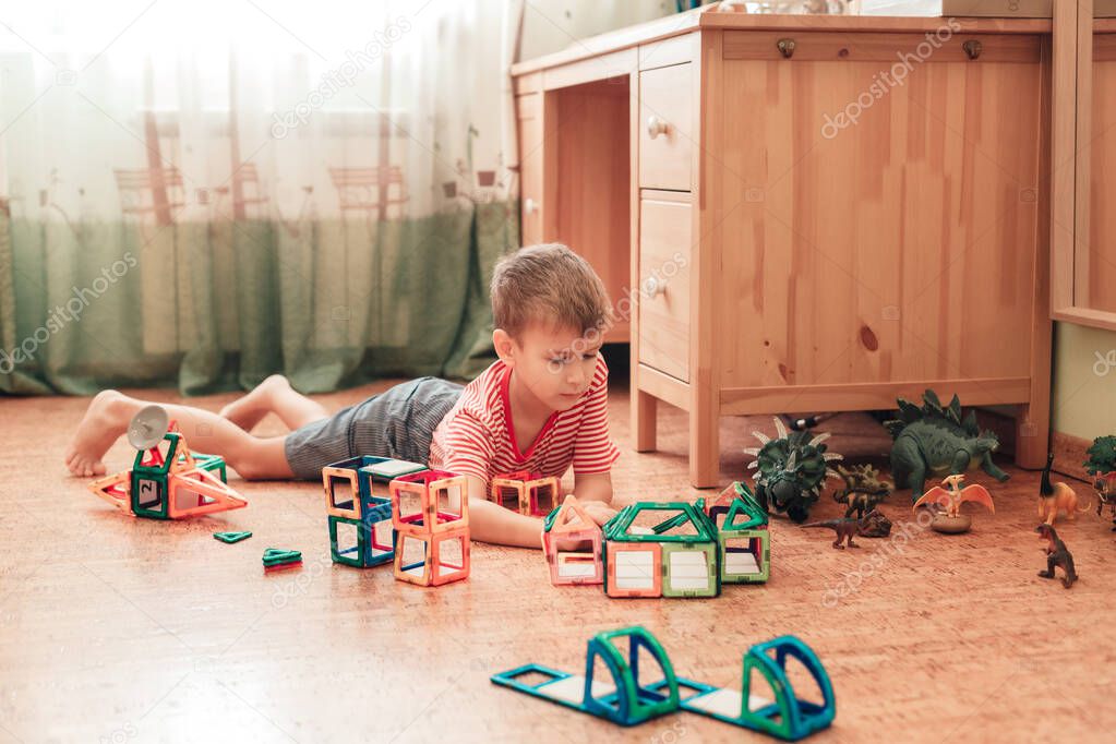 A boy plays with dinosaurs and magnetic constructor