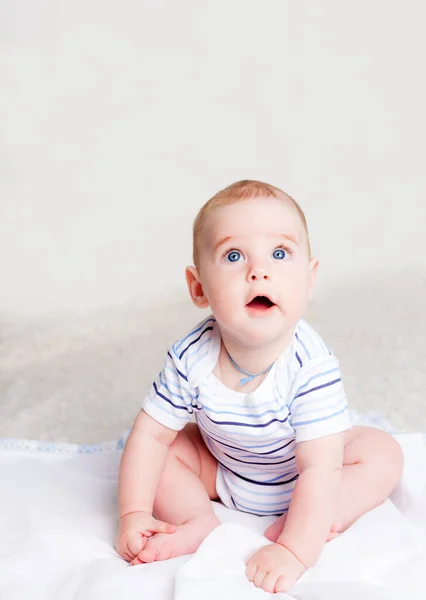 Little Baby Boy Sitting Himself Parent Bed Looking Ahead — Stock Photo, Image