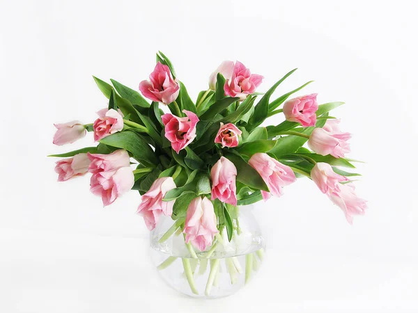 Beau Bouquet Tulipes Vase Verre Sur Fond Blanc — Photo
