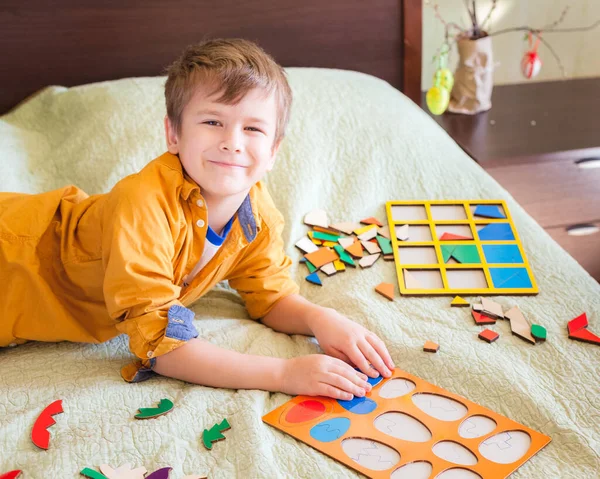 Happy Boy Playing Wooden Puzzle Form Easter Eggs Home Interior — Stock Photo, Image