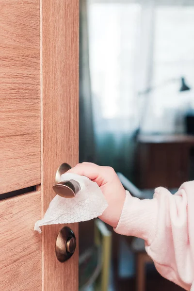 Women Hands Wipe Door Handle Antibacterial Napkin Virus Protection Concept — Stock Photo, Image