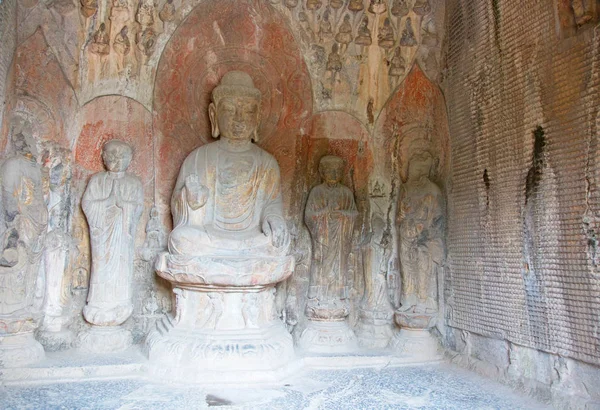 Berühmte Langmanngrotten Buddha Und Bodhisattvas Statuen Monolithischen Felsen Der Nähe — Stockfoto