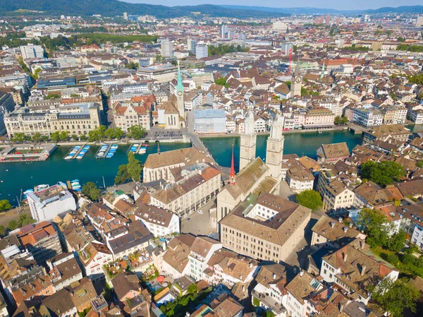 Letecký Pohled Řeku Limmat Slavné Curyšské Kostely — Stock fotografie