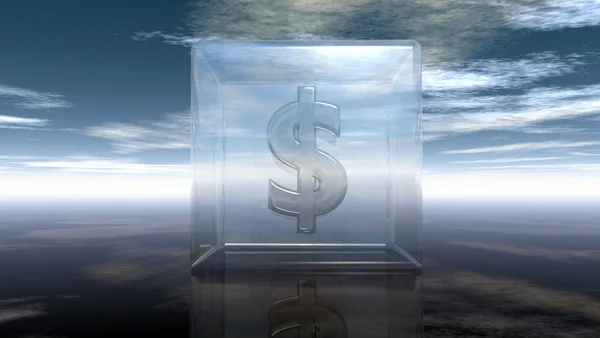 Simbolo dollaro in cubo di vetro sotto cielo blu nuvoloso - illustrazione 3d — Foto Stock