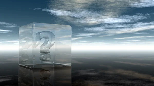 Signo de interrogación en cubo de vidrio bajo el cielo nublado - 3d renderizado —  Fotos de Stock