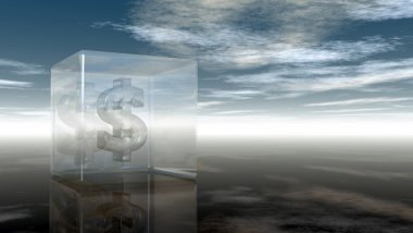 cam küp bulutlu mavi gökyüzü - 3d çizim altında dolar simgesi