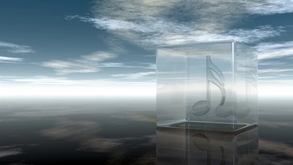Nota musical en cubo de vidrio bajo el cielo nublado - representación 3d — Foto de Stock