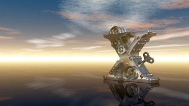 makine harf x altında bulutlu gökyüzü - 3d çizim