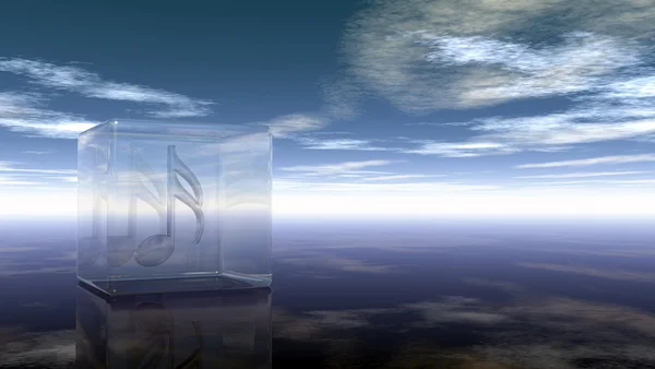 Chiave in cubo di vetro sotto cielo nuvoloso - rendering 3d — Foto Stock