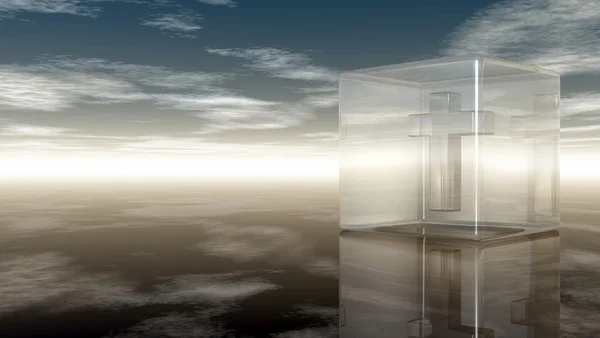 Christelijke kruis in glazen kubus onder bewolkte hemel - 3d rendering — Stockfoto