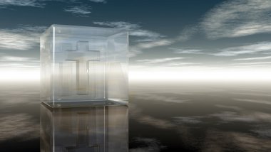 Christian çapraz cam küp bulutlu gökyüzü - 3d render altında