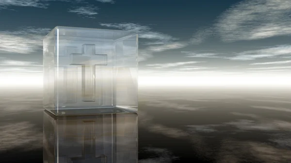 Cruz cristiana en cubo de vidrio bajo el cielo nublado - 3d renderizado —  Fotos de Stock