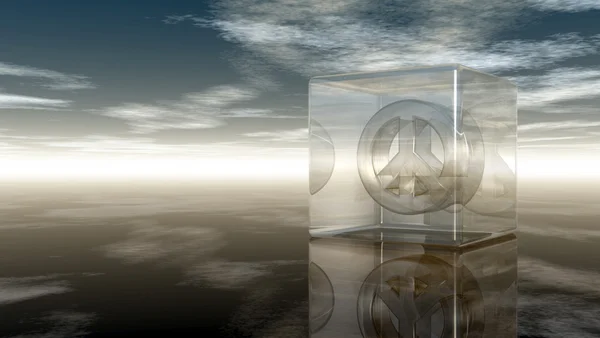 Pazifiksymbol im Glaskubus unter wolkenverhangenem Himmel - 3D-Darstellung — Stockfoto