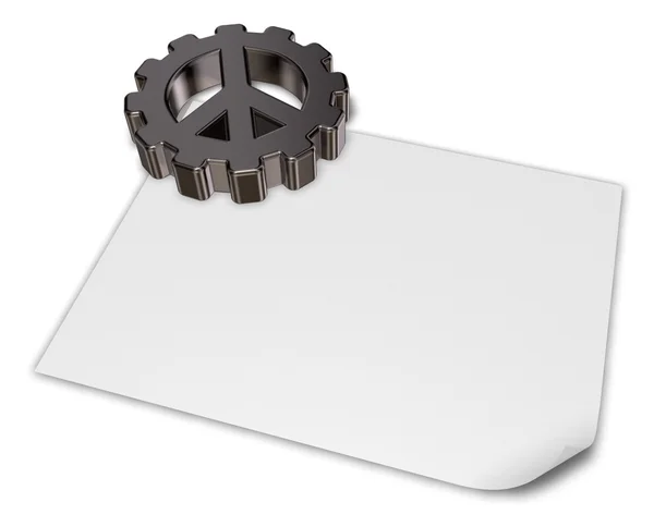 Simbolo pacifico nella ruota dentata su foglio di carta bianco bianco - 3dillustrazione — Foto Stock