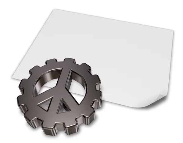 Símbolo pacífico na roda de engrenagens na folha de papel branco em branco - 3ilustração — Fotografia de Stock