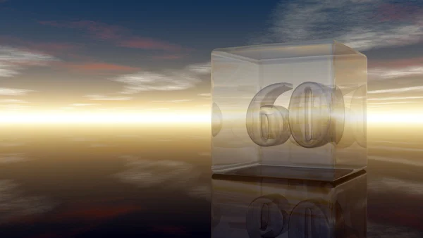 Zahl sechzig im Glaskubus unter bewölktem Himmel - 3D-Darstellung — Stockfoto