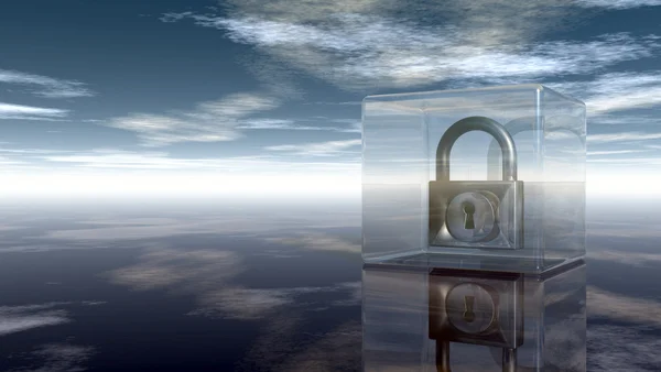 Padlock in glass cube under cloudy sky - 3d illustration — Φωτογραφία Αρχείου