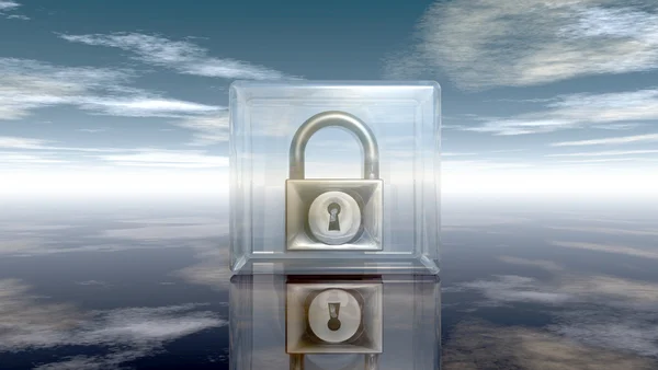 Padlock in glass cube under cloudy sky - 3d illustration — Φωτογραφία Αρχείου