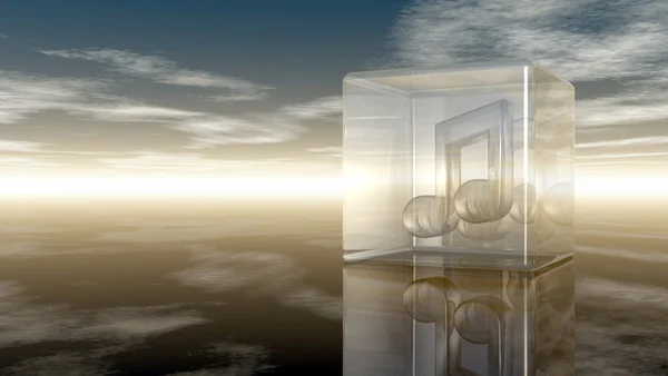 Nota musicale in cubo di vetro sotto cielo nuvoloso - rendering 3d — Foto Stock