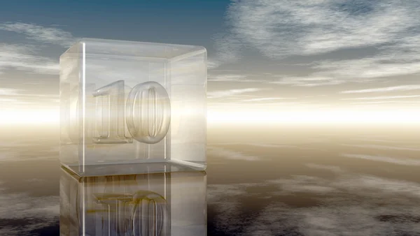 Numero dieci in cubo di vetro sotto cielo nuvoloso - rendering 3d — Foto Stock