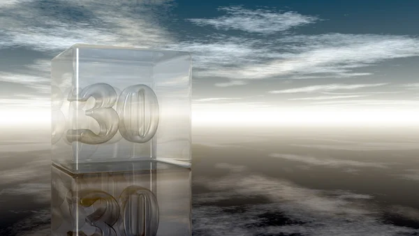 Número treinta en cubo de vidrio bajo el cielo nublado - representación 3d —  Fotos de Stock