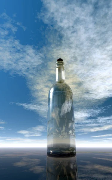 Mensagem em uma garrafa sob céu nublado - ilustração 3d — Fotografia de Stock