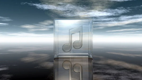 Musiknote im Glaskubus unter wolkenverhangenem Himmel - 3D-Darstellung — Stockfoto