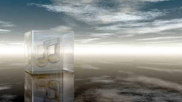 Nota musical en cubo de vidrio bajo el cielo nublado - representación 3d —  Fotos de Stock