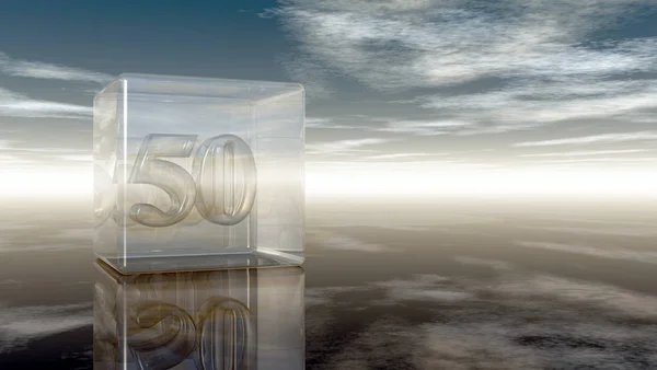Numero cinquanta in cubo di vetro sotto cielo nuvoloso - rendering 3d — Foto Stock