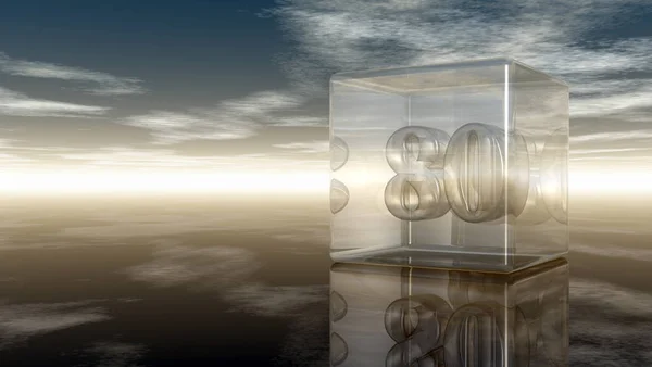 Número oitenta em cubo de vidro sob céu nublado - renderização 3d — Fotografia de Stock