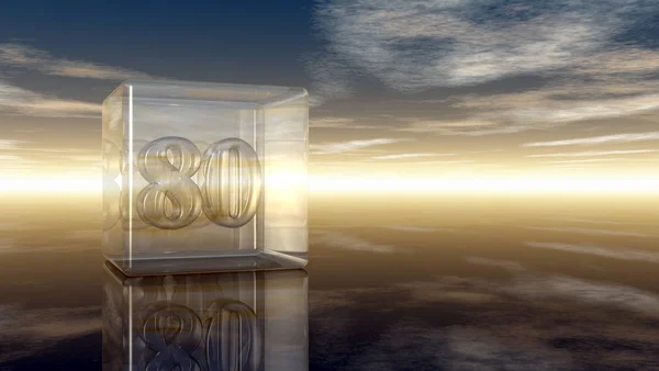 Number eighty in glass cube under cloudy sky - 3d rendering — Stock Photo, Image