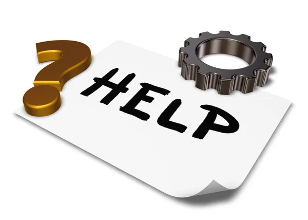 The word help on paper sheet, gear wheel and question mark - 3d rendering — Stock Photo, Image