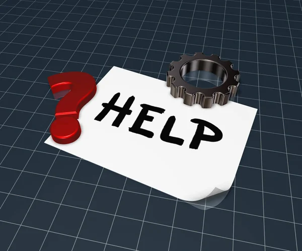 The word help on paper sheet, gear wheel and question mark - 3d rendering — Stock Photo, Image