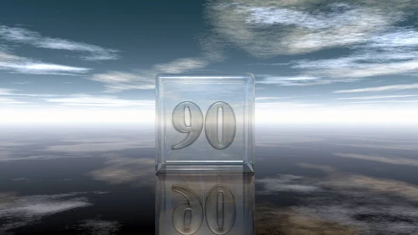 Numero novanta in cubo di vetro sotto cielo nuvoloso - rendering 3d — Foto Stock