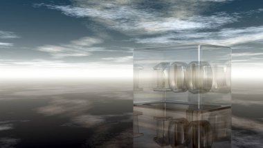 bir yüz cam küp bulutlu gökyüzü - 3d render altında