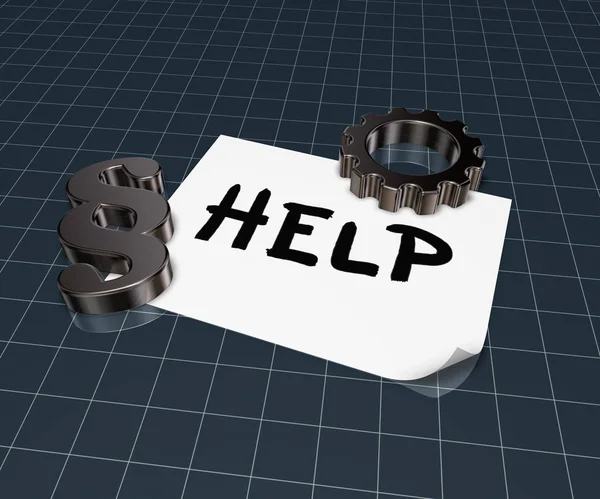 The word help on paper sheet, paragraph symbol and gear wheel - 3d rendering — Stock Photo, Image