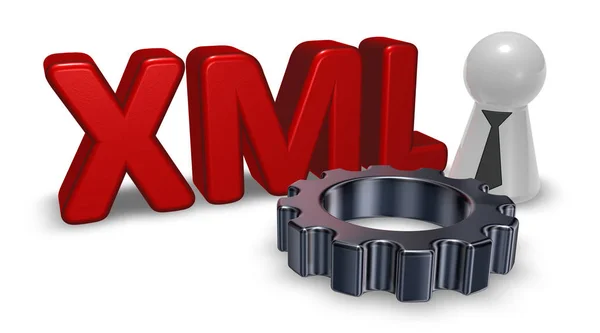 Xml-Tag, Pöppel mit Krawatte und Zahnrad - 3D-Darstellung — Stockfoto