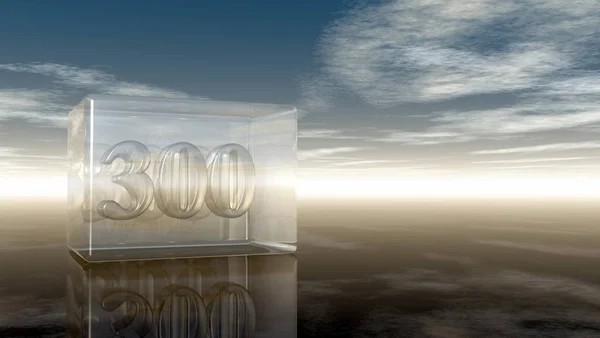 Numero trecento in cubo di vetro sotto cielo nuvoloso - rendering 3d — Foto Stock