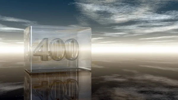 Numero quattrocento in cubo di vetro sotto cielo nuvoloso - rendering 3d — Foto Stock