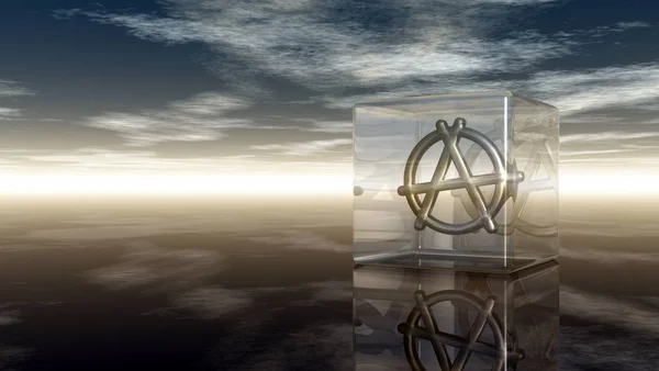 Simbolo anarchia metallo nel cubo di vetro - rendering 3d — Foto Stock