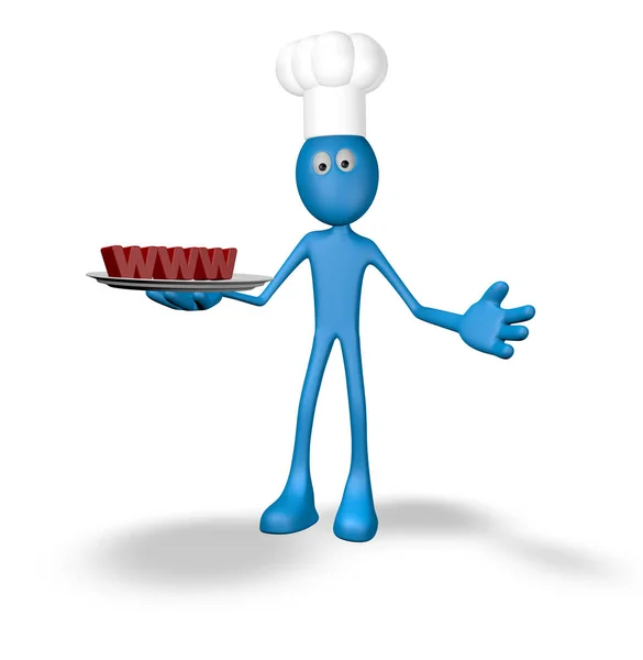 Cook cartoon guy with www on plate - 3d illustration — Stock Photo, Image