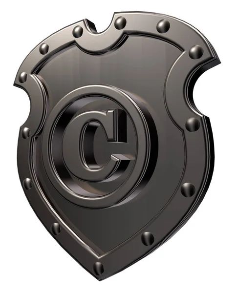 Símbolo de derechos de autor en escudo de metal sobre fondo blanco - ilustración 3d —  Fotos de Stock