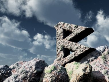 Rune taşın altına bulutlu mavi gökyüzü - 3d çizim