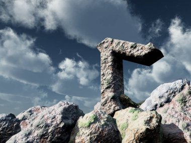 Rune taşın altına bulutlu mavi gökyüzü - 3d çizim