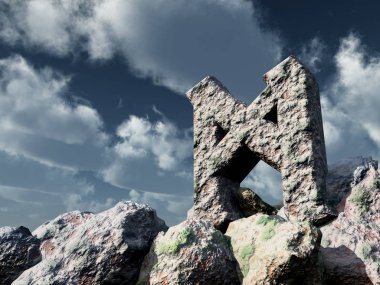 Rune taşın altına bulutlu mavi gökyüzü - 3d çizim