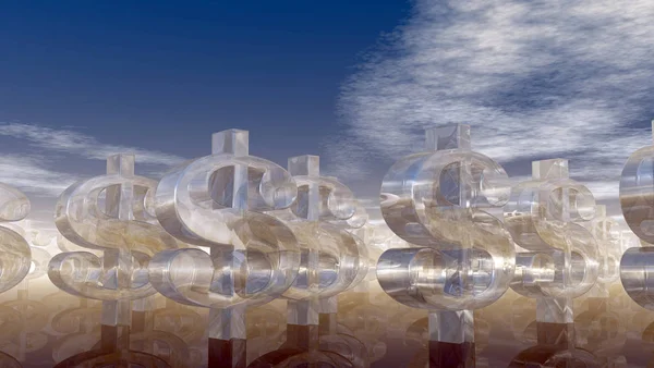 Símbolo del dólar de vidrio bajo el cielo azul nublado - ilustración 3d —  Fotos de Stock